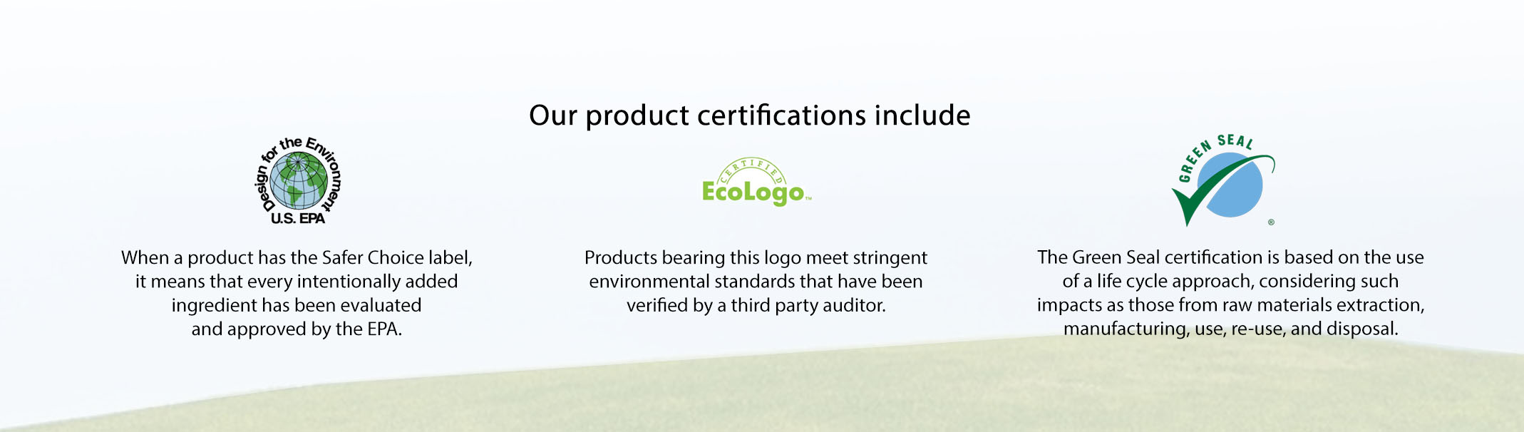 Explanation of cleaning certifications including EPA, Ecologo and Green Seal